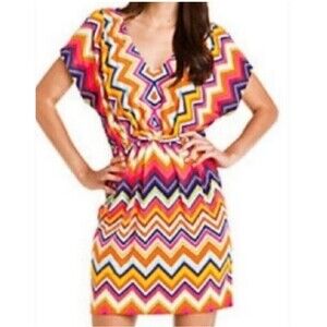 Trina Turk Womens A Line Dress V Neck Short Sleeve Kimono Chevron Multicolor 4